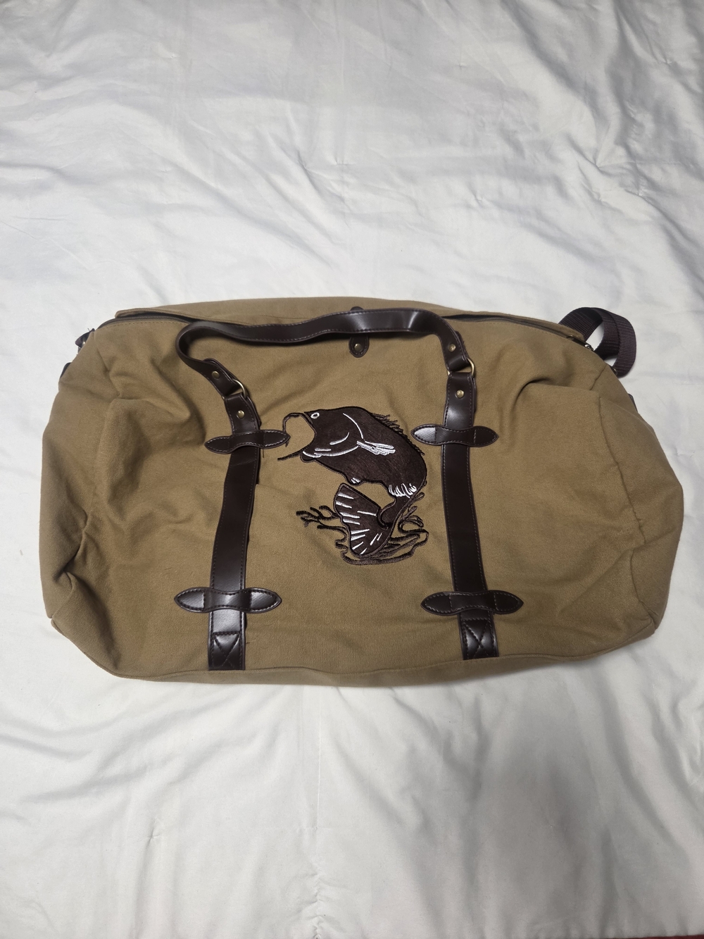 Men's Brown Canvas Weekender Bag with Bass Embroidery